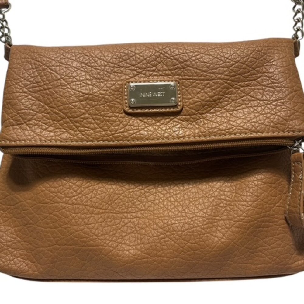 Nine West Brown Faux Leather Fold Over Crossbody Handbag-Zip & Snap Close